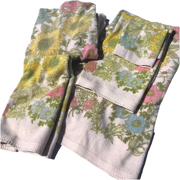 Vtg Cannon Royal Family  Sunflower 70s Floral Bath hand Wash Towel Set MCM Boho - Picture 1 of 16